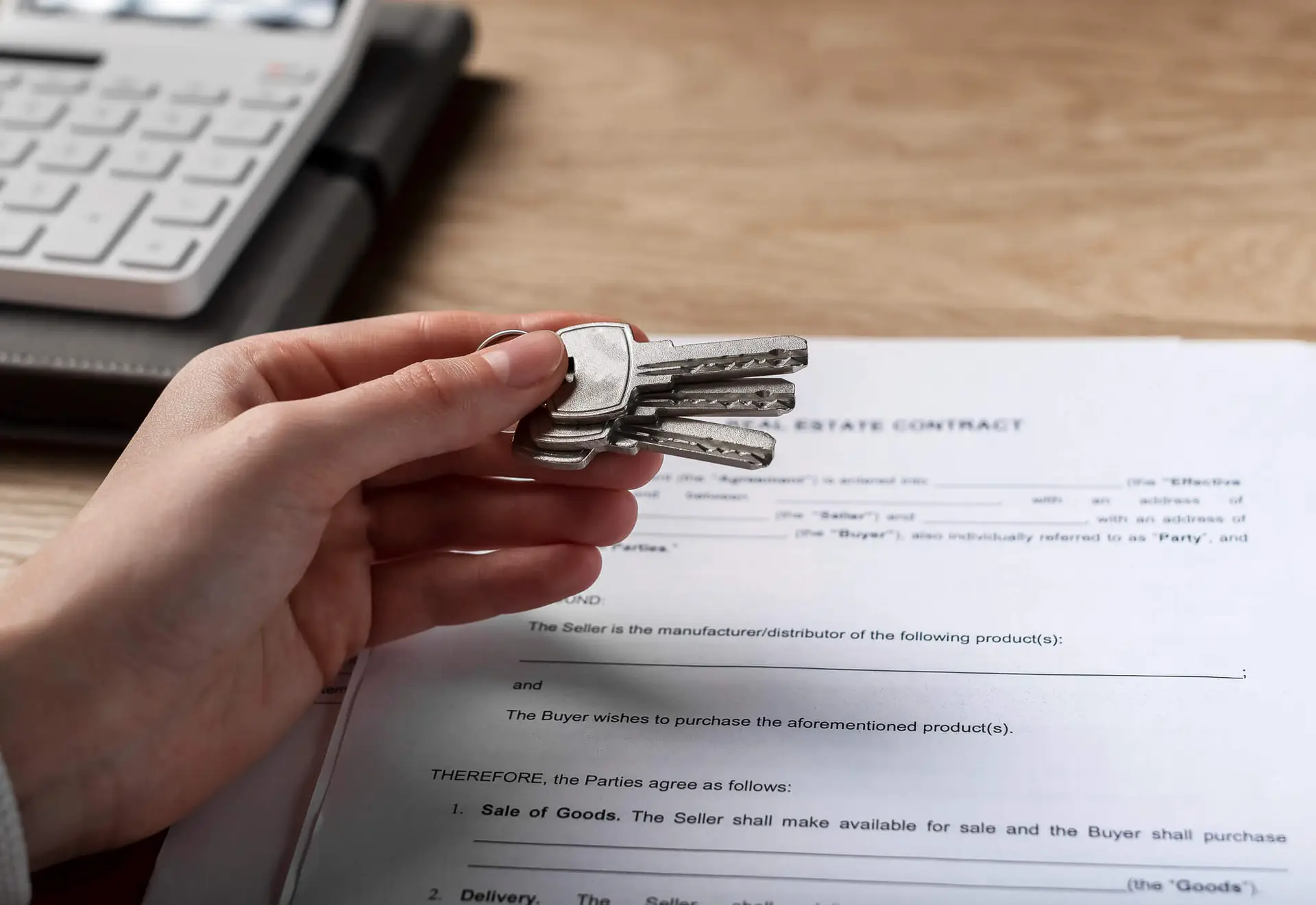 Property keys held over a real estate contract document on a wooden desk with a calculator