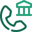 Teal icon of a phone and bank building representing mortgage or financial services contact