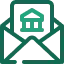 Teal icon of an open envelope with a house representing mortgage or real estate email contact