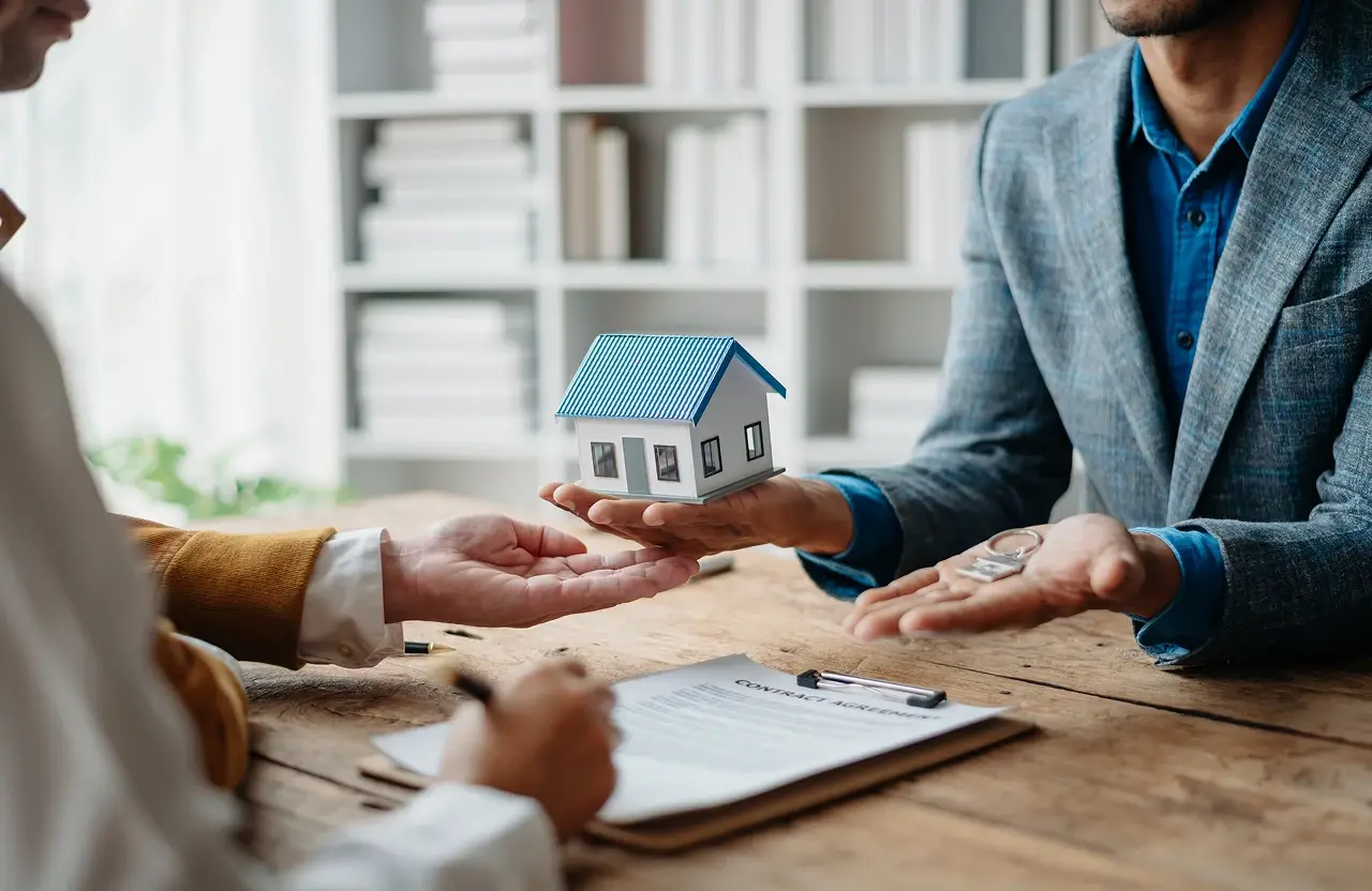 Two people exchange model house while third person signs contract, depicting a real estate deal.