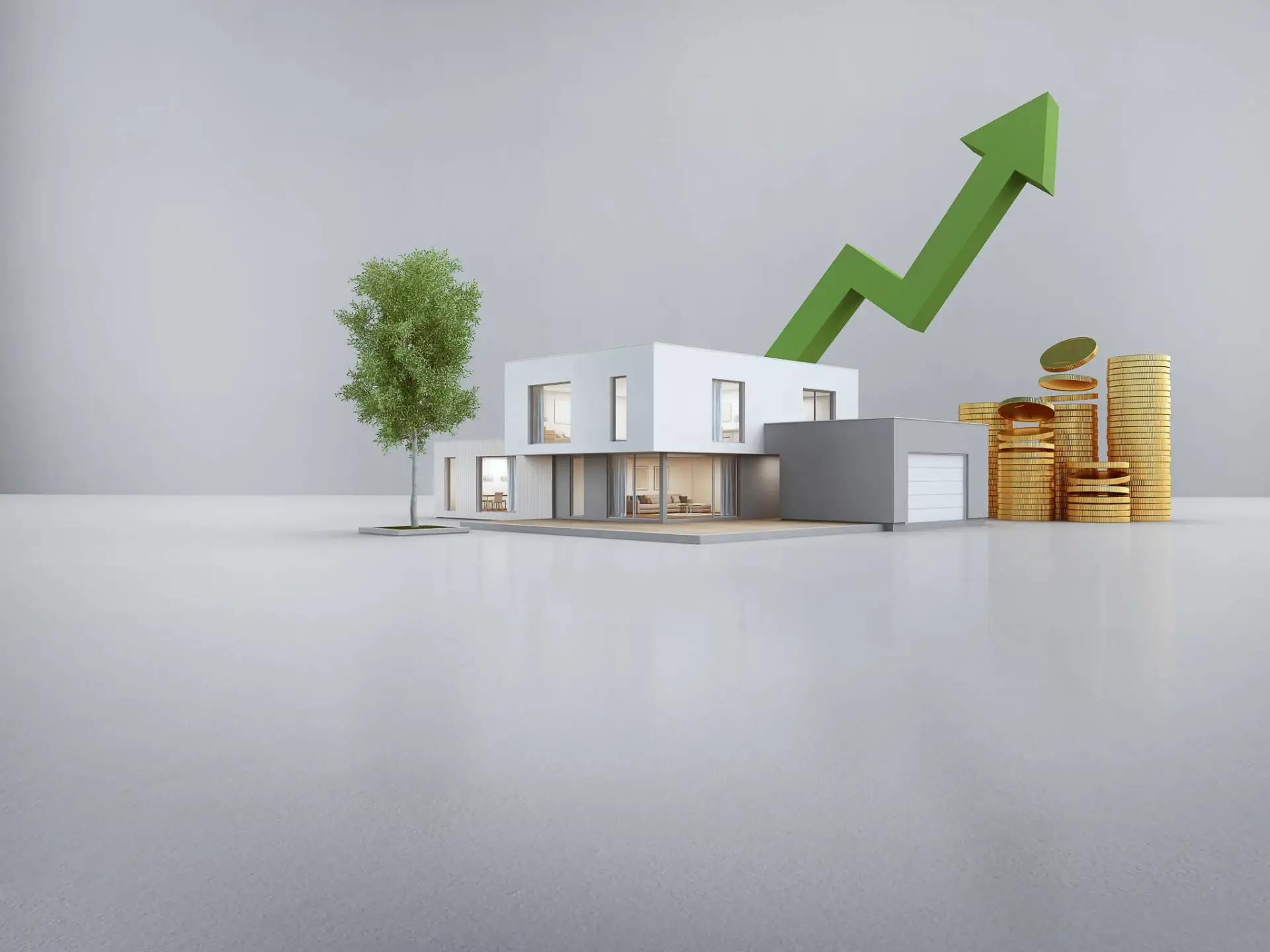 Sebastian Skibinski A modern house next to a tree, stacks of gold coins, and a large green upward arrow, symbolizing rising property values or real estate investment growth. Mortgage Agent